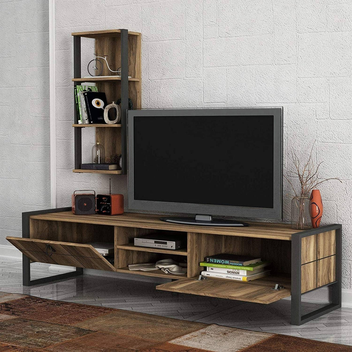 TV Unit with Vertical Wall Shelf, Metal & Composite Wood Frame M153