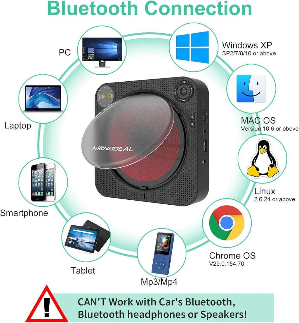 CD Player with Bluetooth, Portable Rechargeable, Built-in Speakers, Remote Control, Built-in FM Radio B43426