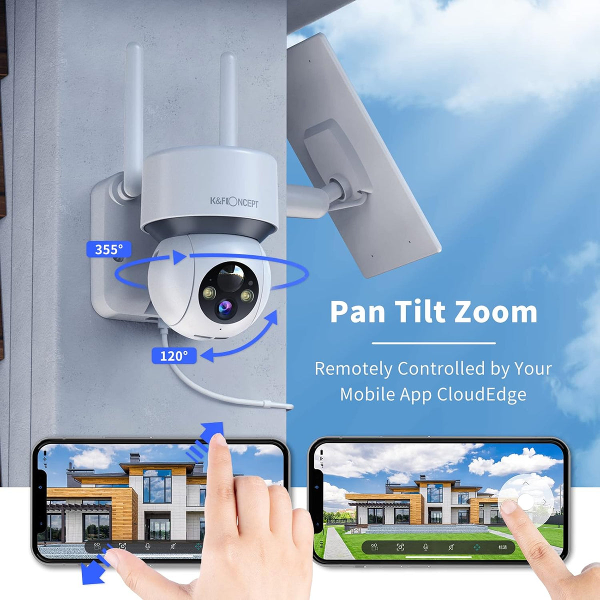 Solar Security Camera Outdoor, 360° PTZ Wireless, 1080P Battery Operated, Color Night Vision, PIR Motion Detection, 2 Way Audio, IP65 E4642