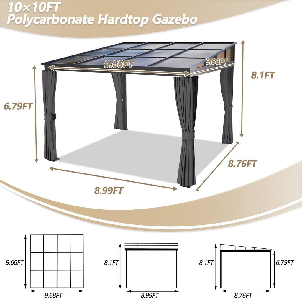 10×10FT Wall-Mounted Aluminum Frame Pergola Gazebo With Netting & Curtains X205