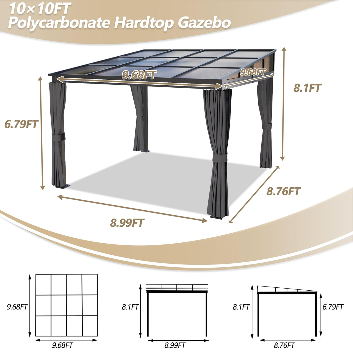 10×10FT Wall-Mounted Aluminum Frame Pergola Gazebo With Netting & Curtains X205