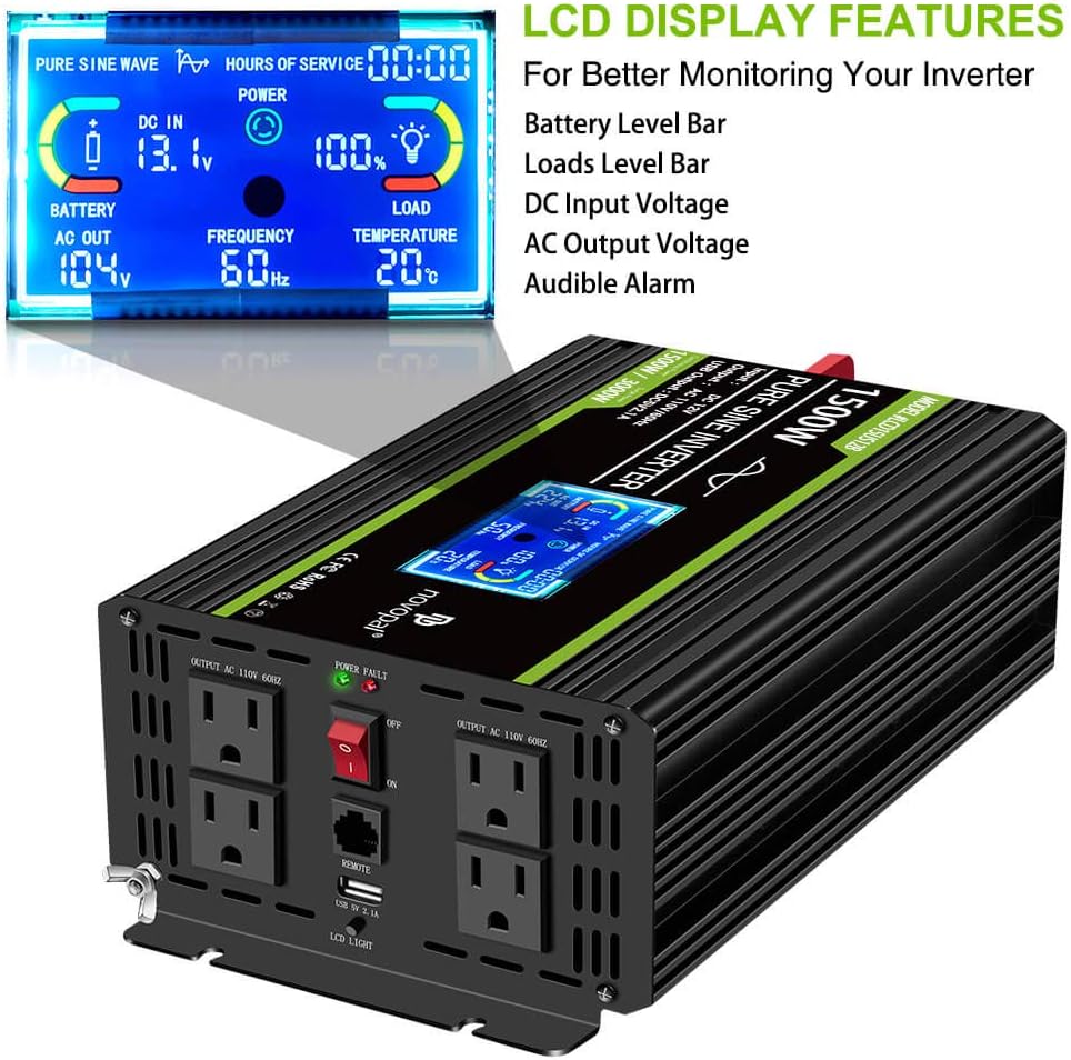 1500 Watt Pure Sine Wave Power Inverter DC 12V to 110V/120V with 4 AC Outlets and USB Port O9020