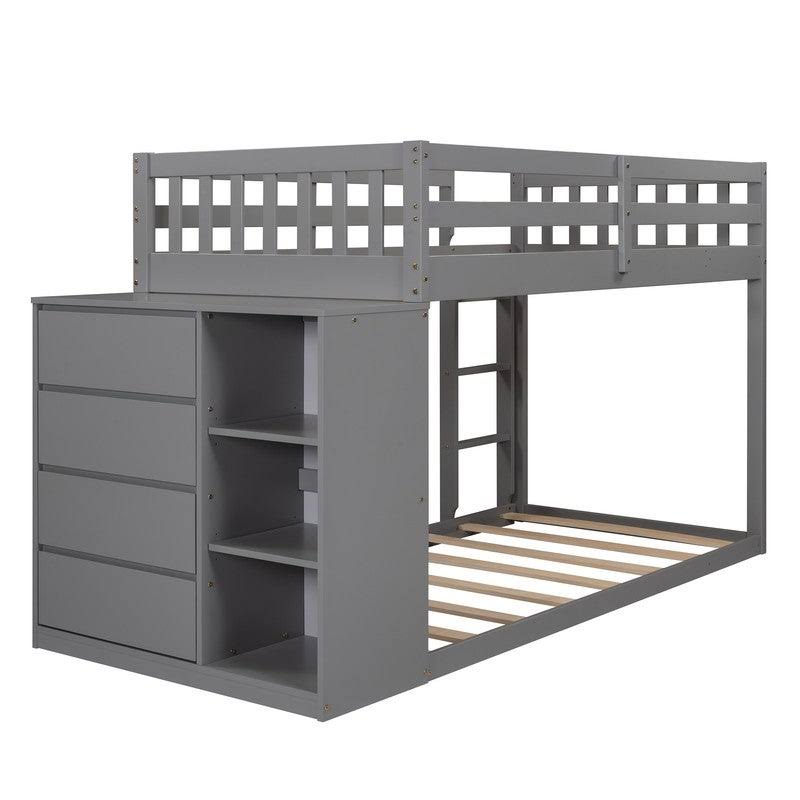 Gray Twin Over Twin Bunk Bed with 4 Drawers & 3 Shelves & Ladder B287155