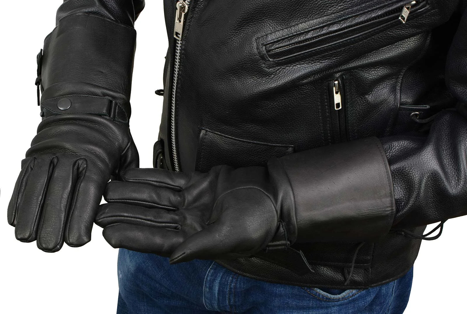 Deerskin Gauntlet Motorcycle Gloves with Snap Closure Thermal Lined O8535