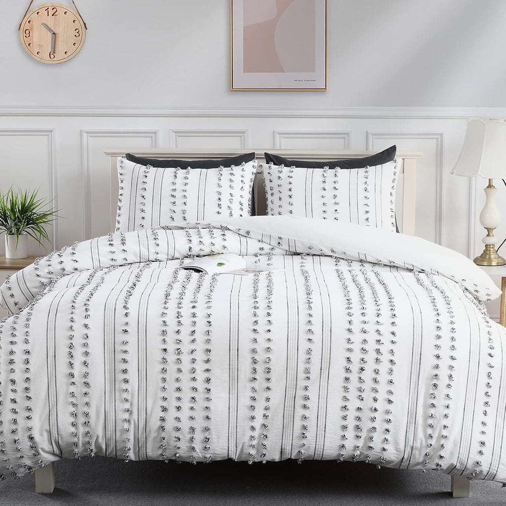 100% Cotton Queen Size 3Pcs Yarn-Dyed Tufted Dots Jacquard Duvet Cover Set S4826