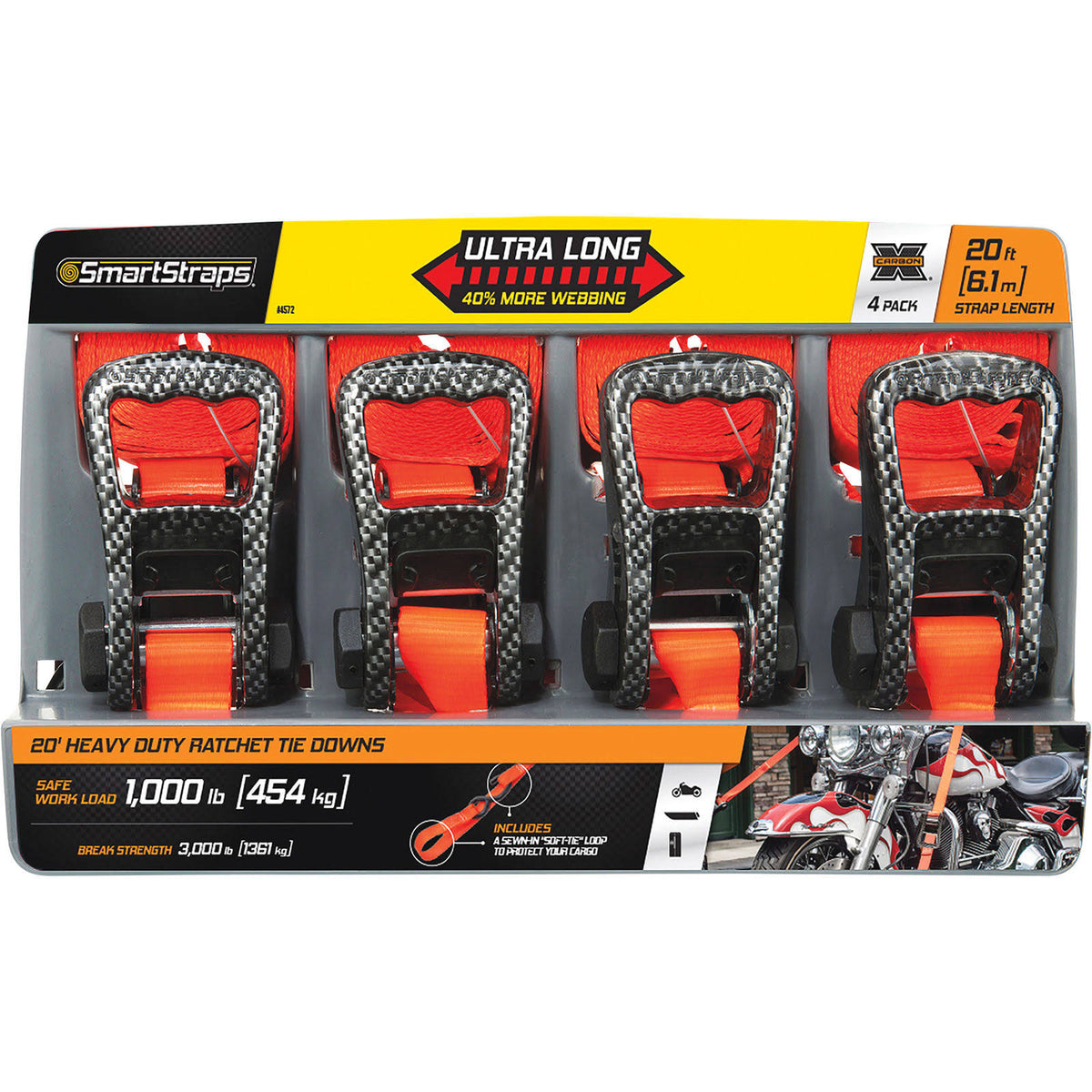 Ratchet Tie-Down Strap 4-Pk 20ft 3000Lb Break Strength Q48977