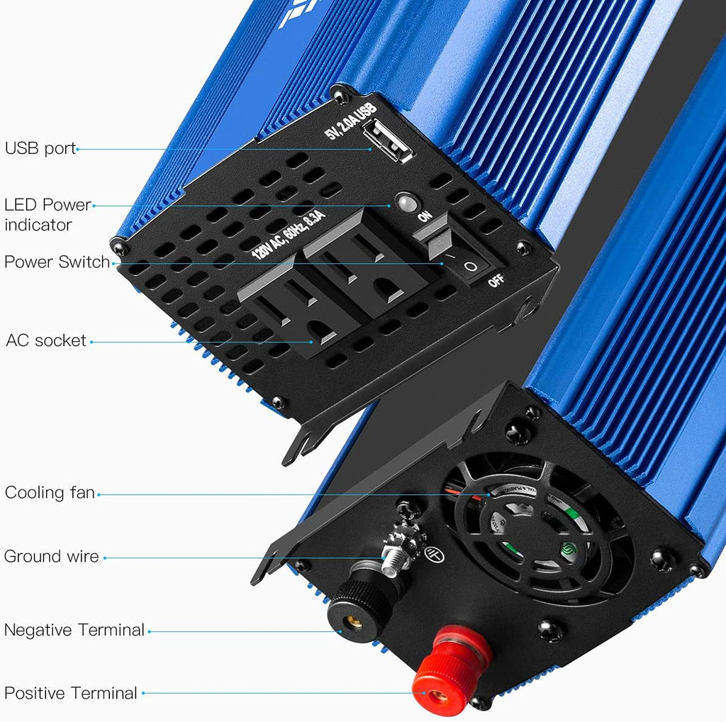 Pure Sine Wave Inverter 1000W DC 12V to AC 110V Car Power Inverter with Dual AC Outlets & 2A USB Ports I219846