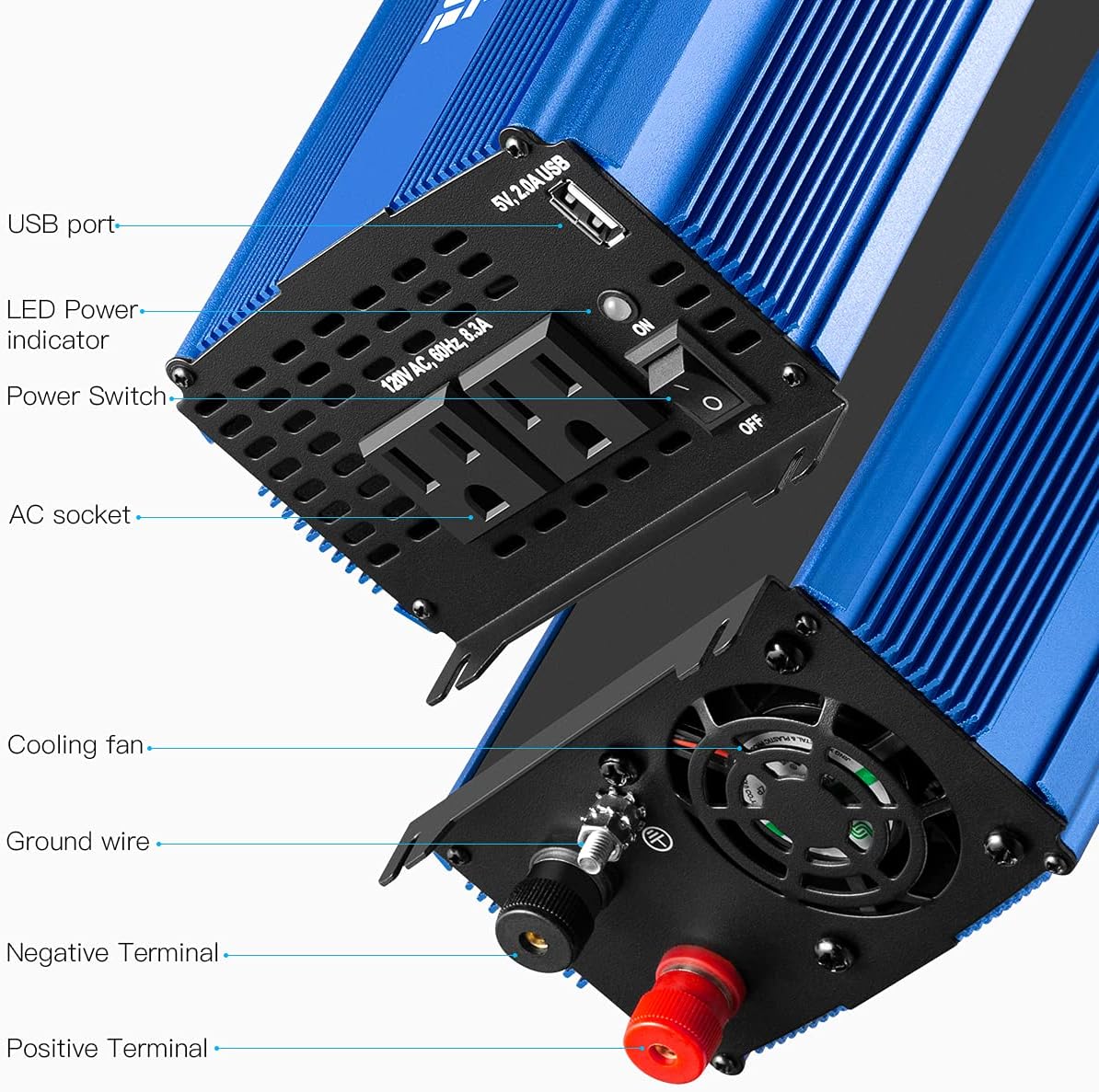 Pure Sine Wave Inverter 1000W DC 12V to AC 110V Car Power Inverter with Dual AC Outlets & 2A USB Ports I219846