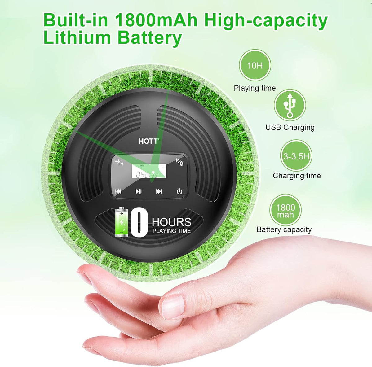 Portable CD Player with Bluetooth FM Transmitter AUX Output Rechargeable 1800mah R1280