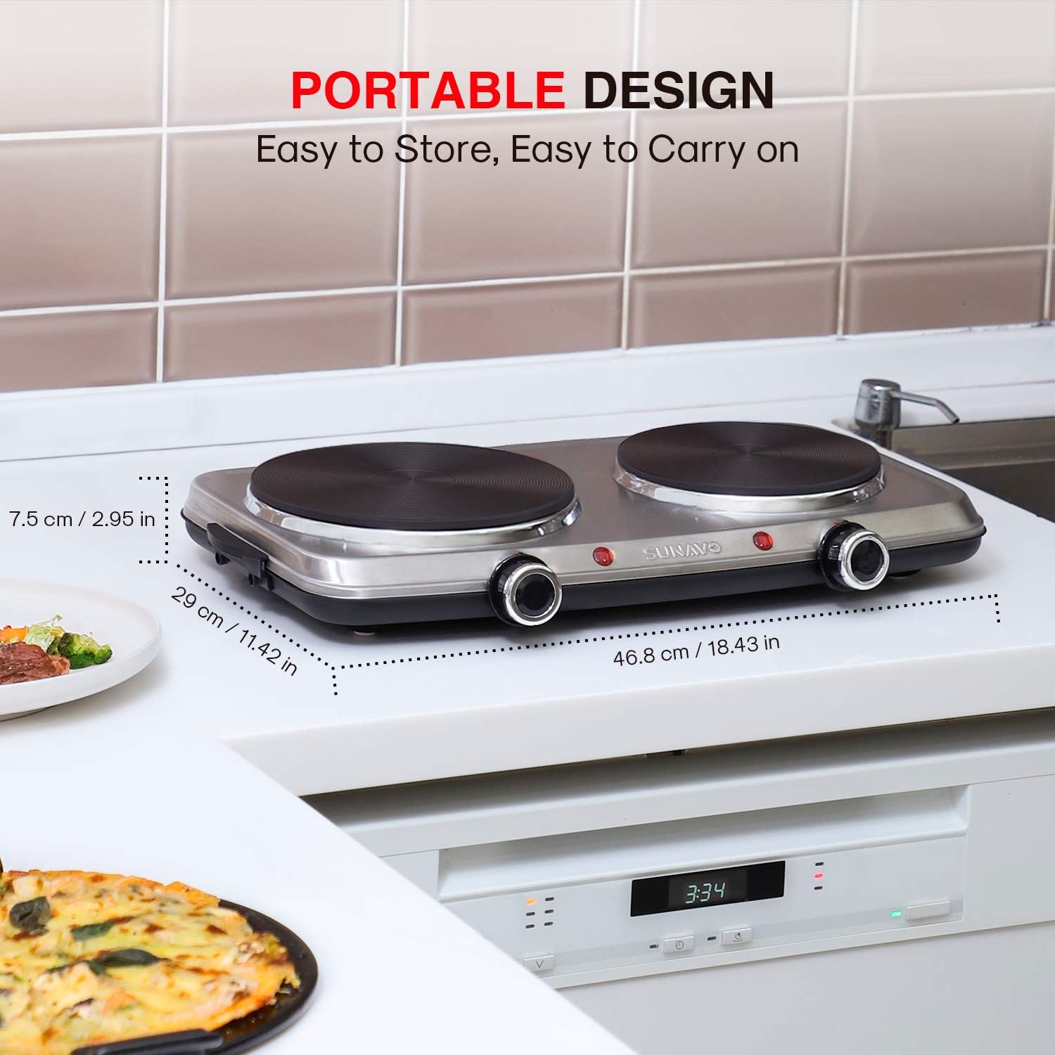 1800W Electric Double Burner Stainless Steel Hot Plate Cast Iron Pack of 2 I5670