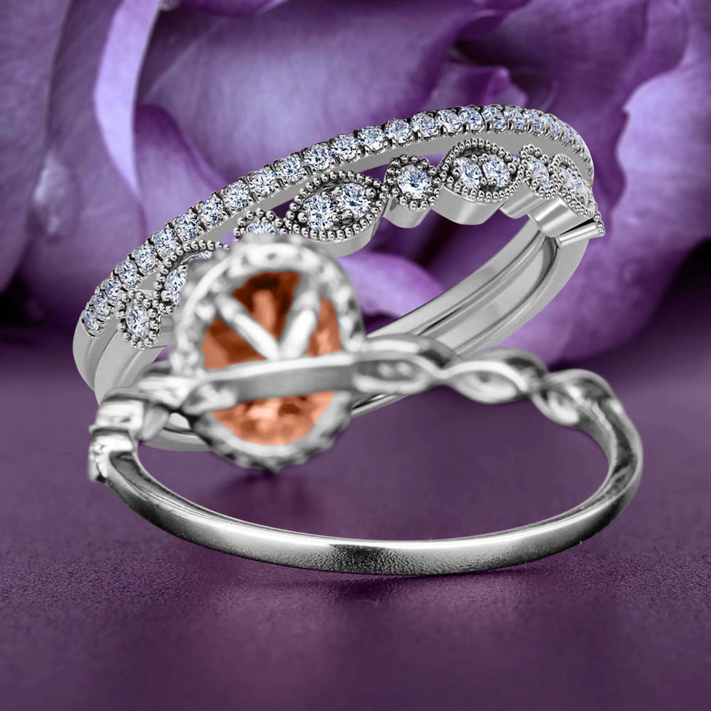 Art Deco Oval Cut Morganite And Diamond Moissanite Engagement Ring Trio Set In 925 Sterling Silver With 18K White Gold Plating R38653
