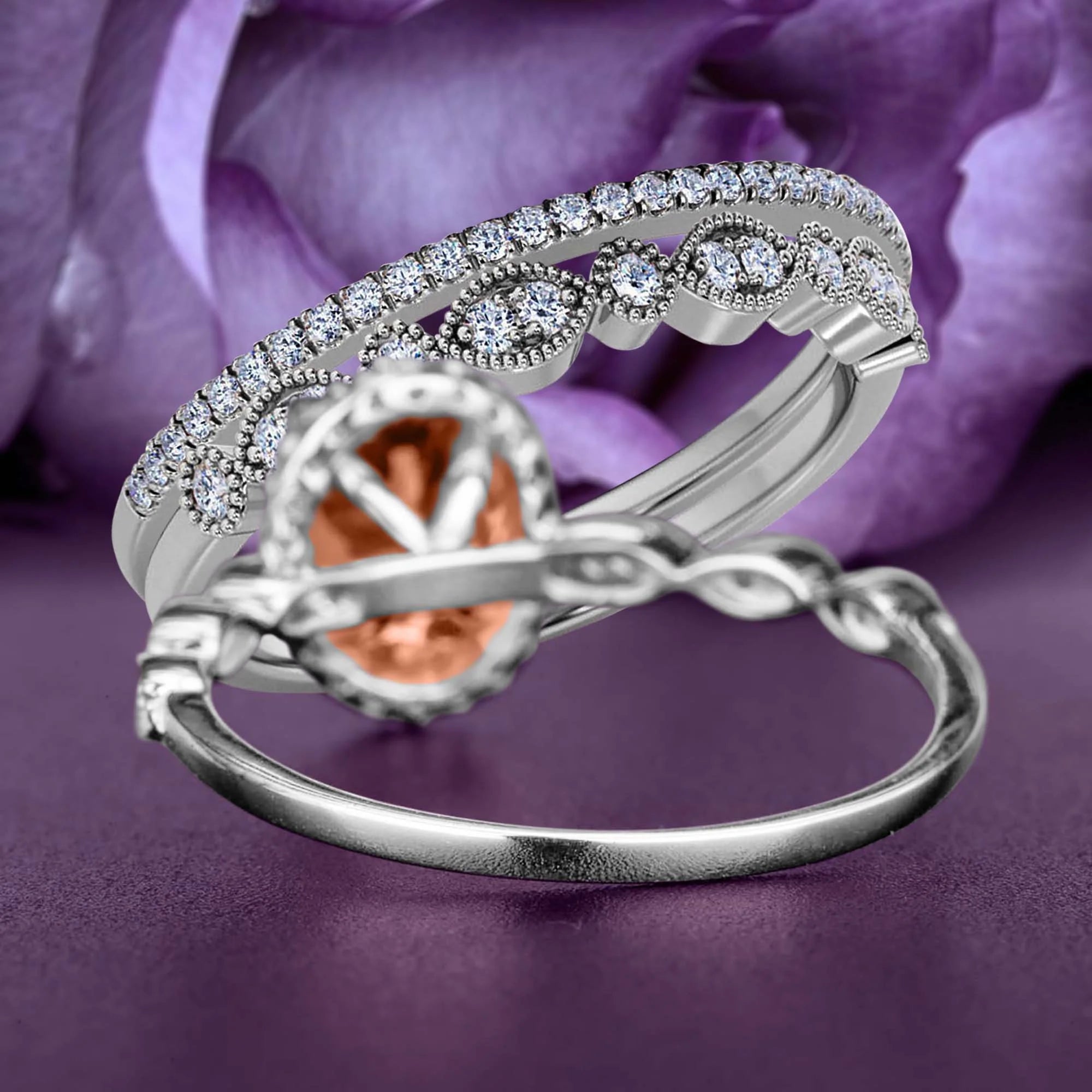 Art Deco Oval Cut Morganite And Diamond Moissanite Engagement Ring Trio Set In 925 Sterling Silver With 18K White Gold Plating R38653