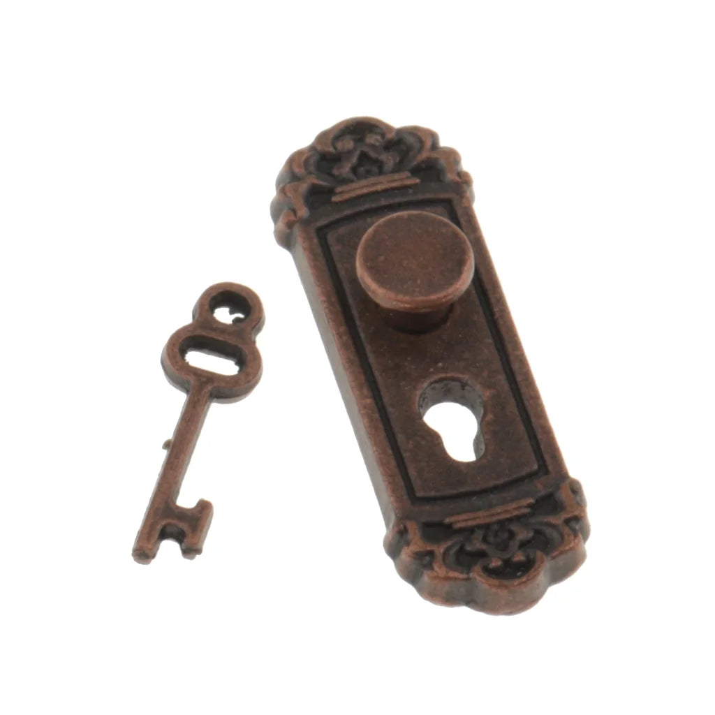Vintage Metal Doorknob Plate Key Set Dollhouse Miniature Handle N94686