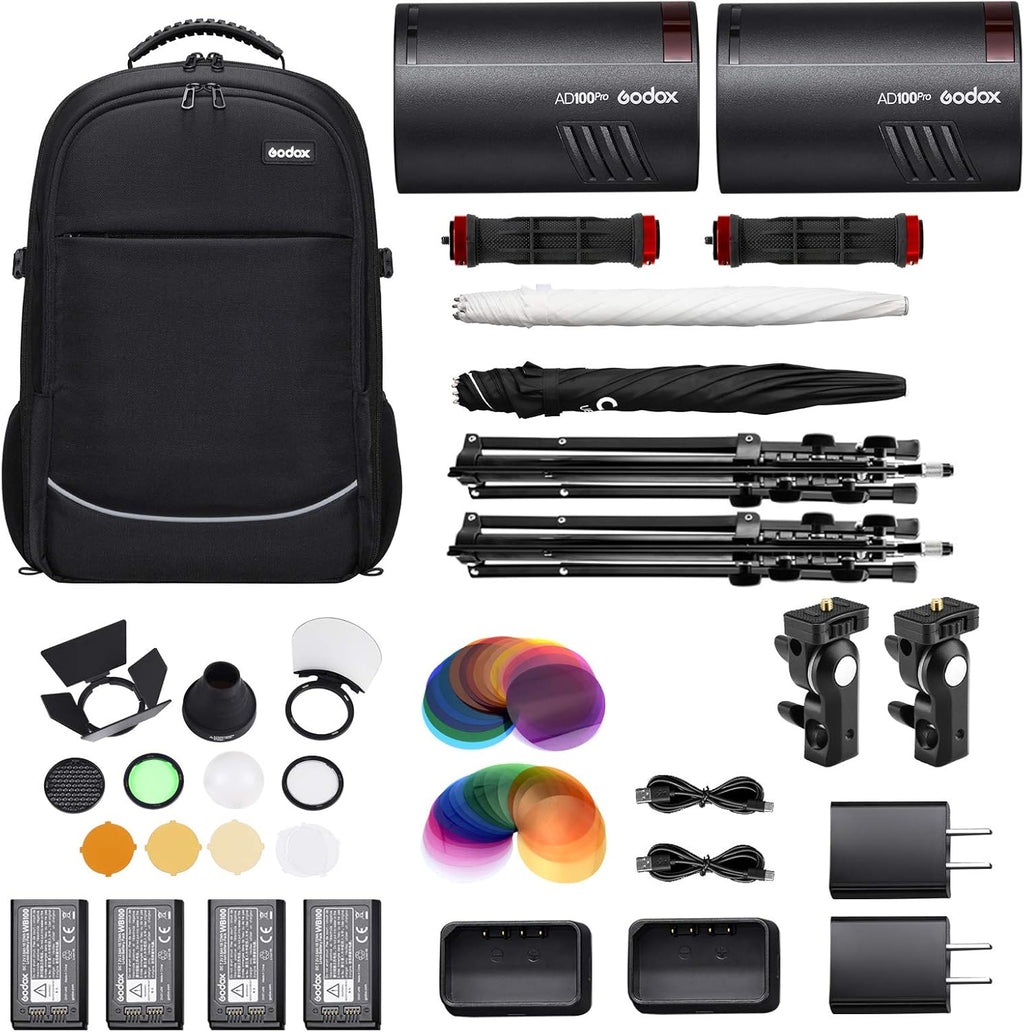 2X AD100Pro kit2 with AK-R1 Round Head Accessories Kit, WB100 Battery, UBL-085S UBL-085T Umbrella, CB20 Carrying Bag, Light Stand F710121