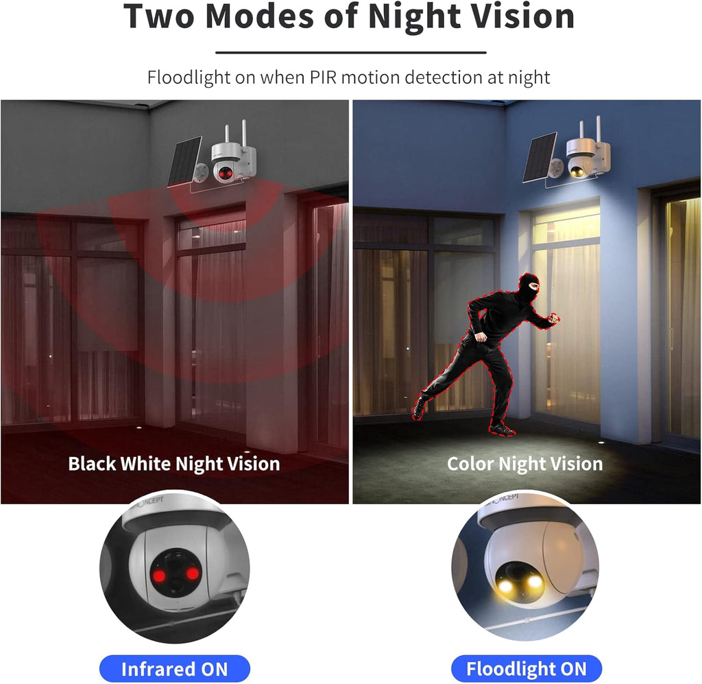 Solar Security Camera Outdoor, 360° PTZ Wireless, 1080P Battery Operated, Color Night Vision, PIR Motion Detection, 2 Way Audio, IP65 E4642