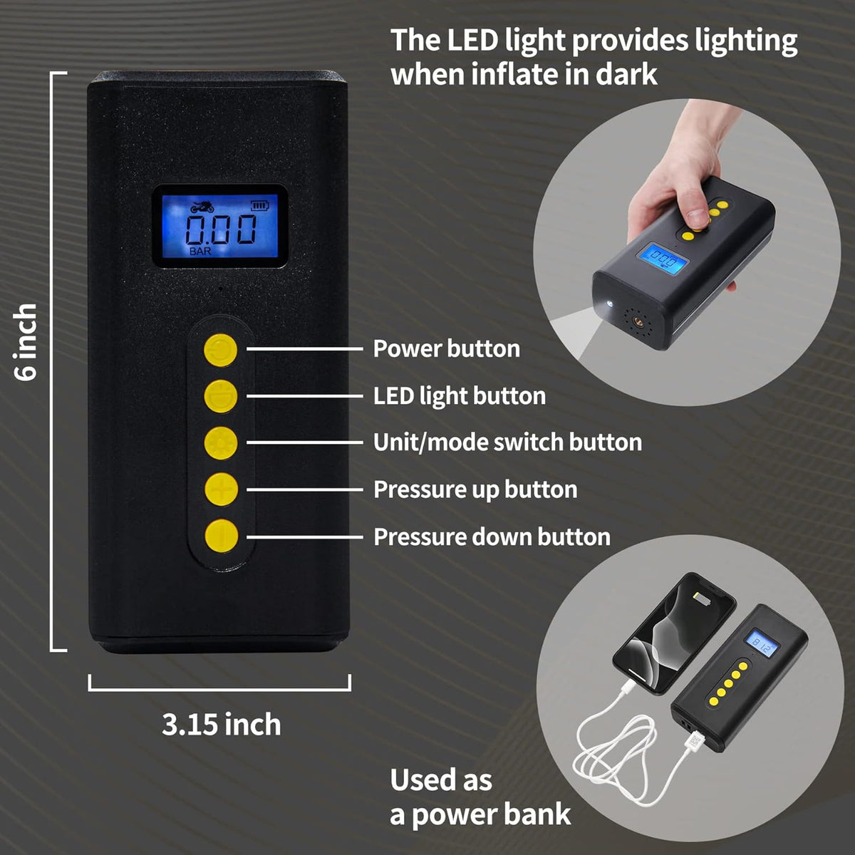 Portable Tire Inflator 150PSI Electric Tire Pump Rechargeable Air Compressor with LED Lights, Power Bank, Black Pack of 2 J978