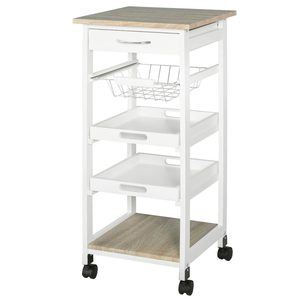 White Mobile Rolling Kitchen Island Trolley Serving Cart with Drawer and Wire Storage Basket O54225