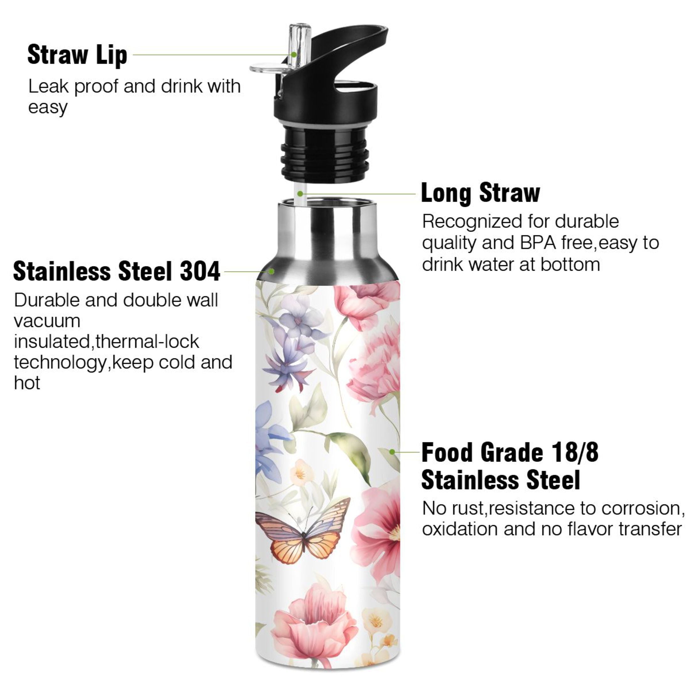 Stainless Steel Insulated Thermos Vacuum Flask Water Bottle with Straw Lid T1611