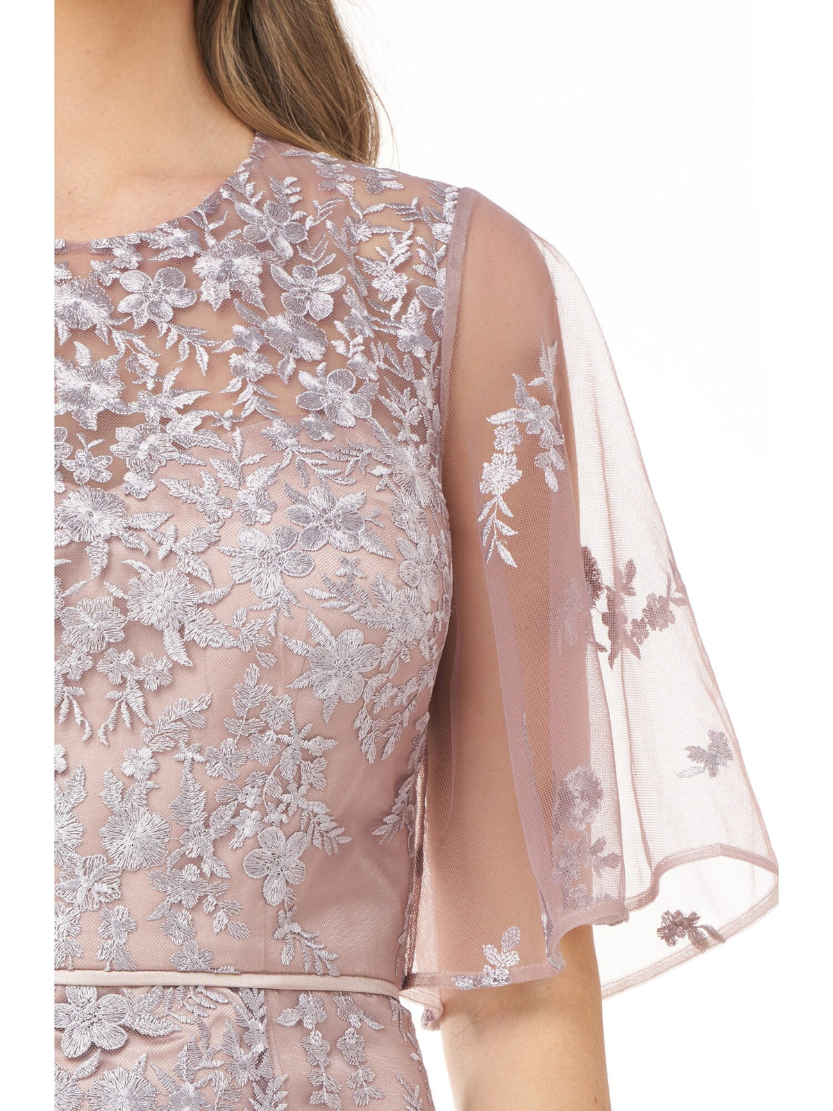Beige Embroidered Sheer Maxi Evening Dress D1619