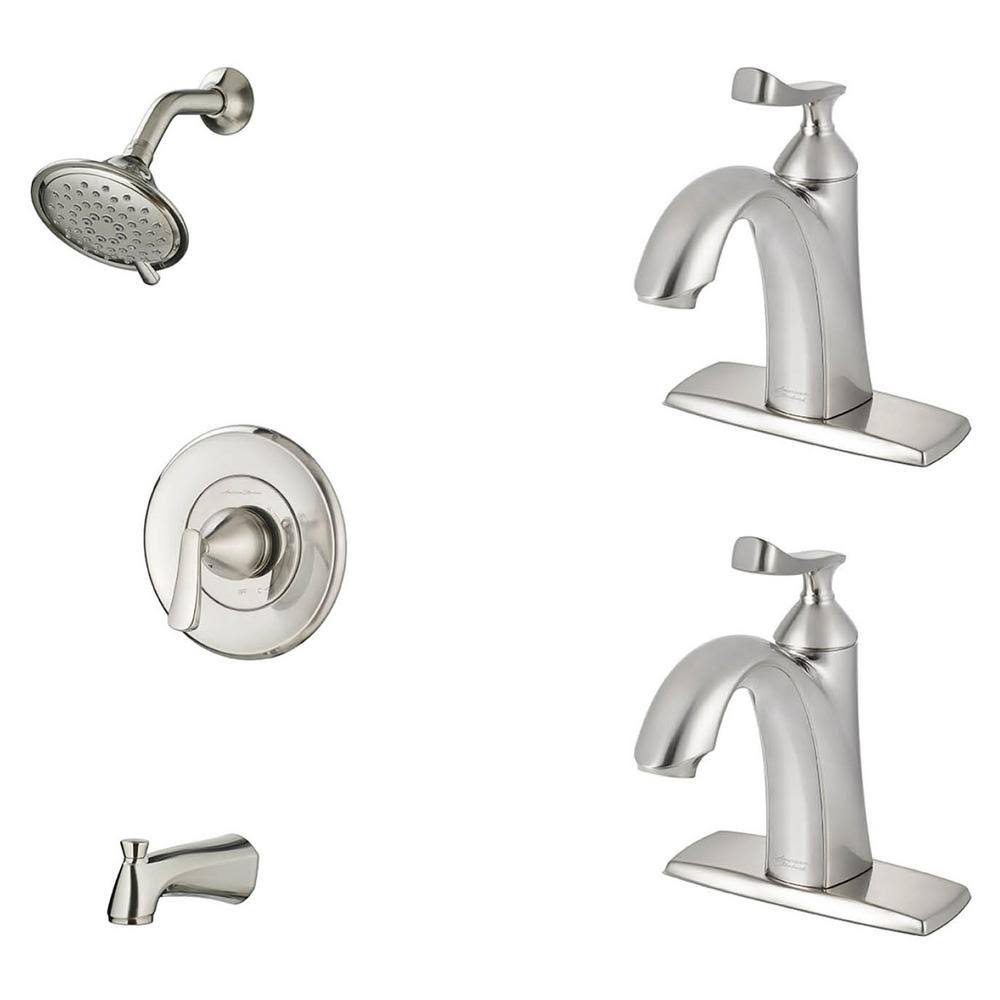 Brushed Nickel Tub and Shower Faucet and Two Single Hole Bathroom Faucets Set F104