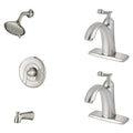 Brushed Nickel Tub and Shower Faucet and Two Single Hole Bathroom Faucets Set F104