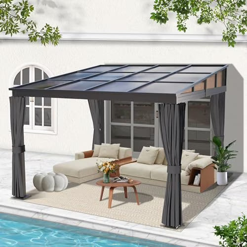 10×10FT Wall-Mounted Aluminum Frame Pergola Gazebo With Netting & Curtains X205