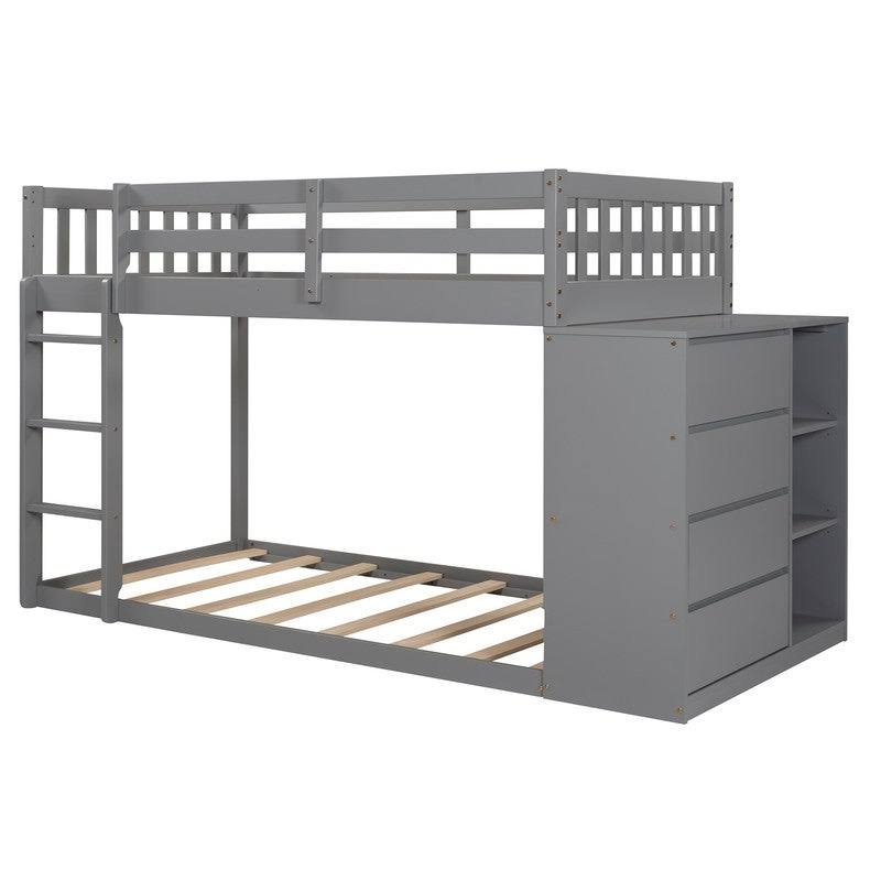 Gray Twin Over Twin Bunk Bed with 4 Drawers & 3 Shelves & Ladder B287155