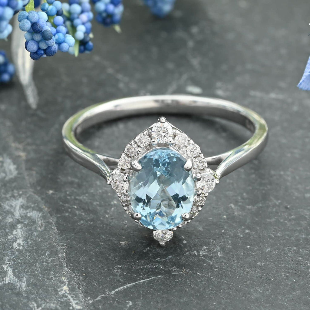 18K White Gold Halo Ring with Blue Aquamarine and White Diamond W519