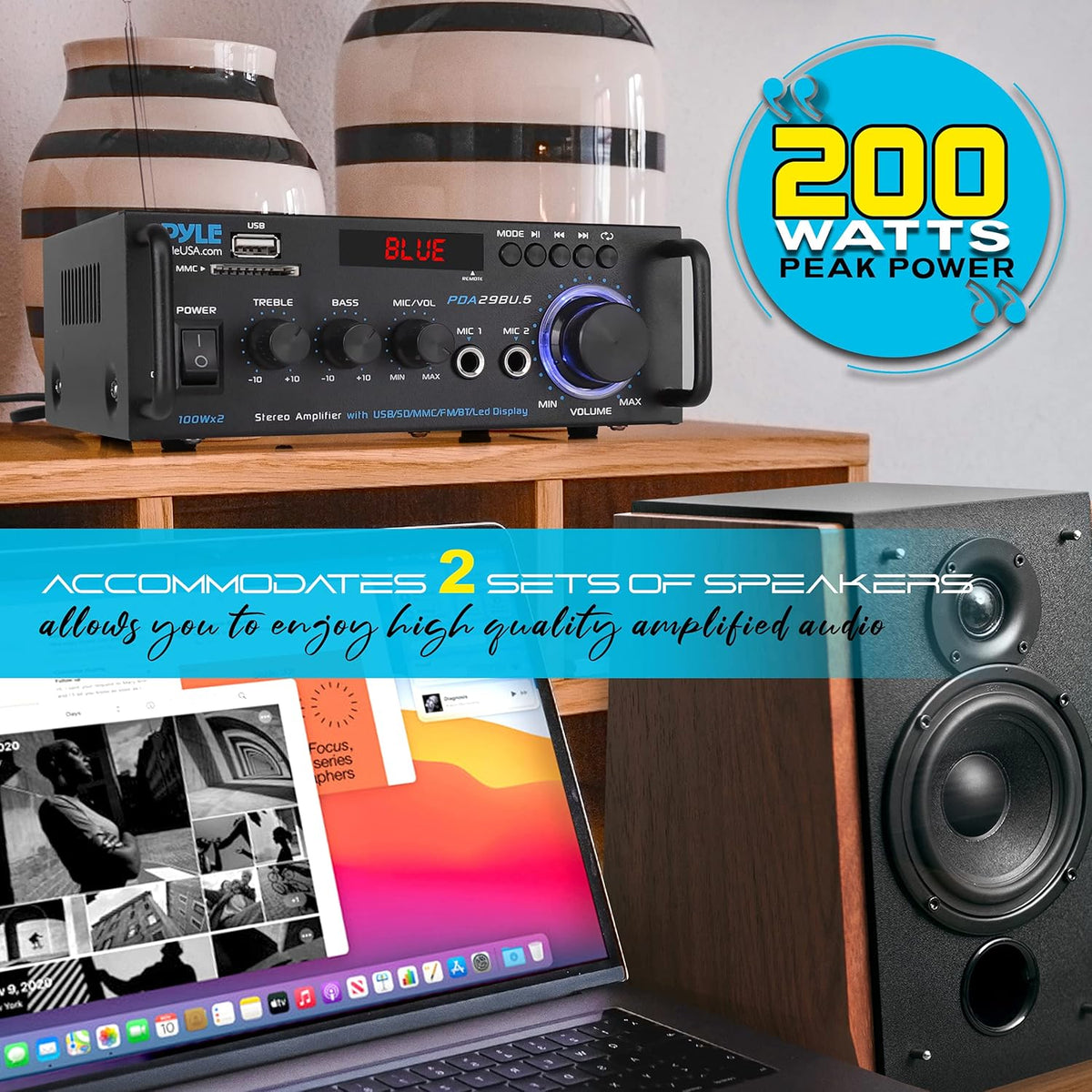 200W 2 Channel Bluetooth Stereo Power Amplifier with FM Radio O35635