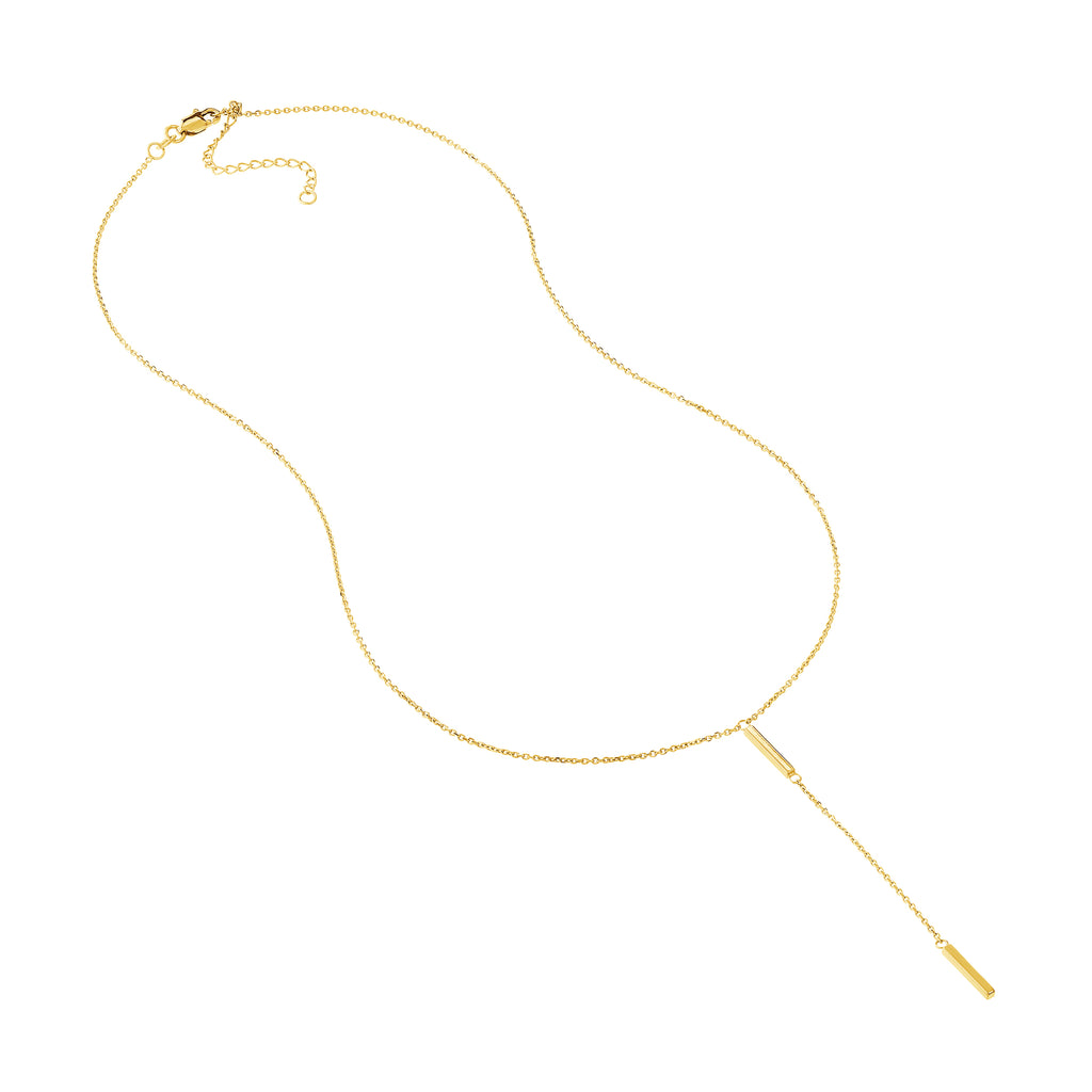 14K Solid Yellow Gold Double Bar Drop Necklace D798356