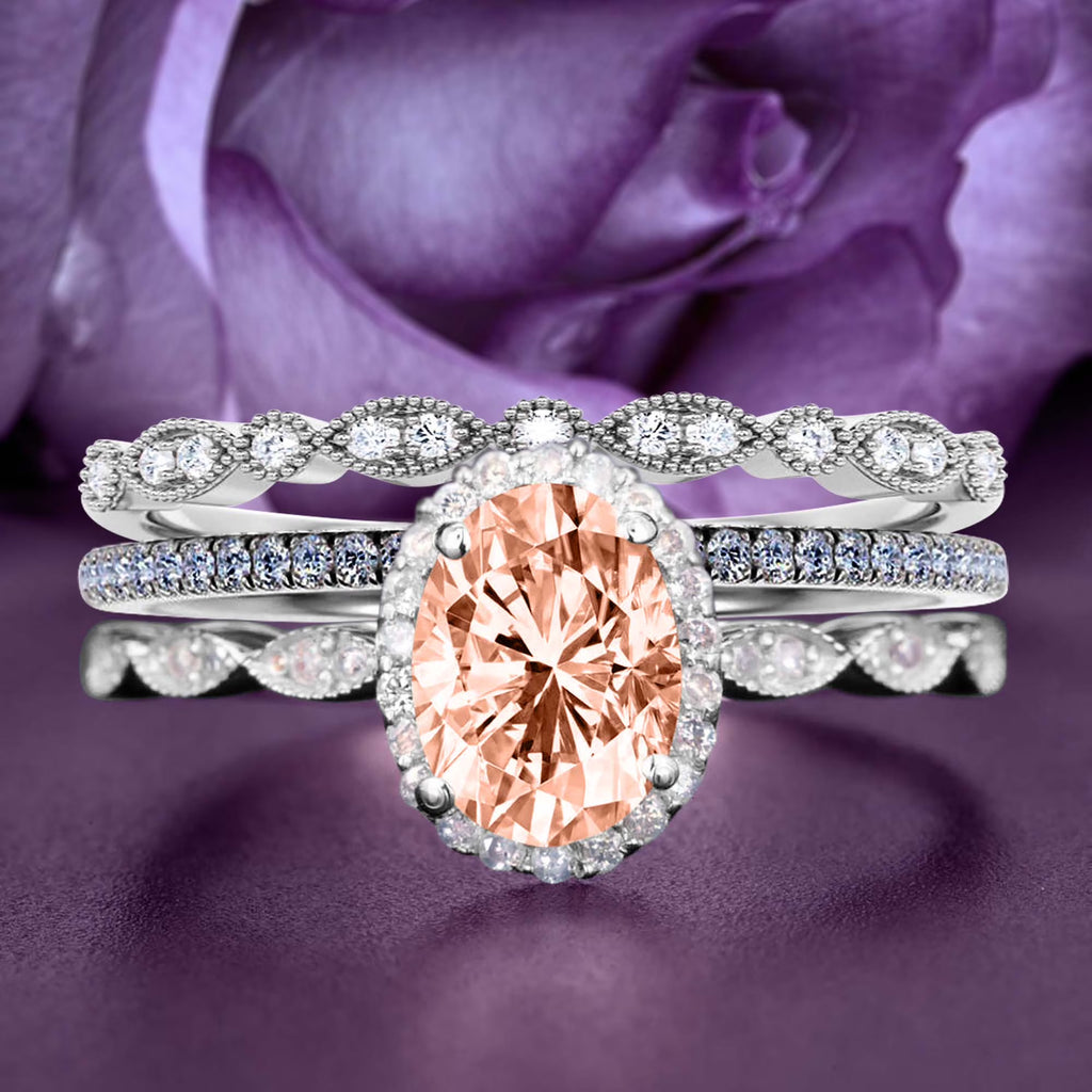 Art Deco Oval Cut Morganite And Diamond Moissanite Engagement Ring Trio Set In 925 Sterling Silver With 18K White Gold Plating R38653