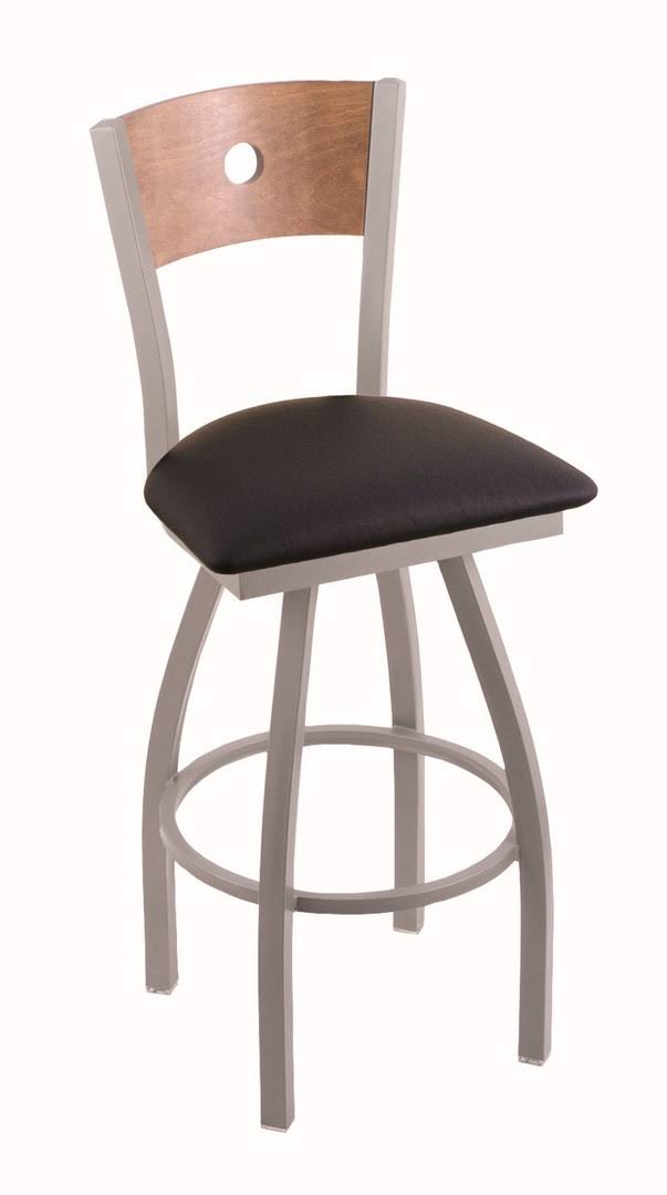 36x22 Bar Stool with Anodized Nickel Finish, Medium Oak Back and Swivel Seat, Black Vinyl H536