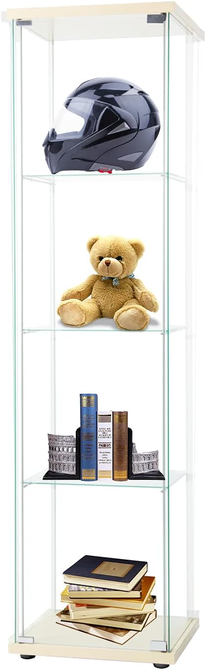 4-Shelf Glass Display Cabinet with Door, Tempered Glass Floor Standing Bookshelf, Black K466
