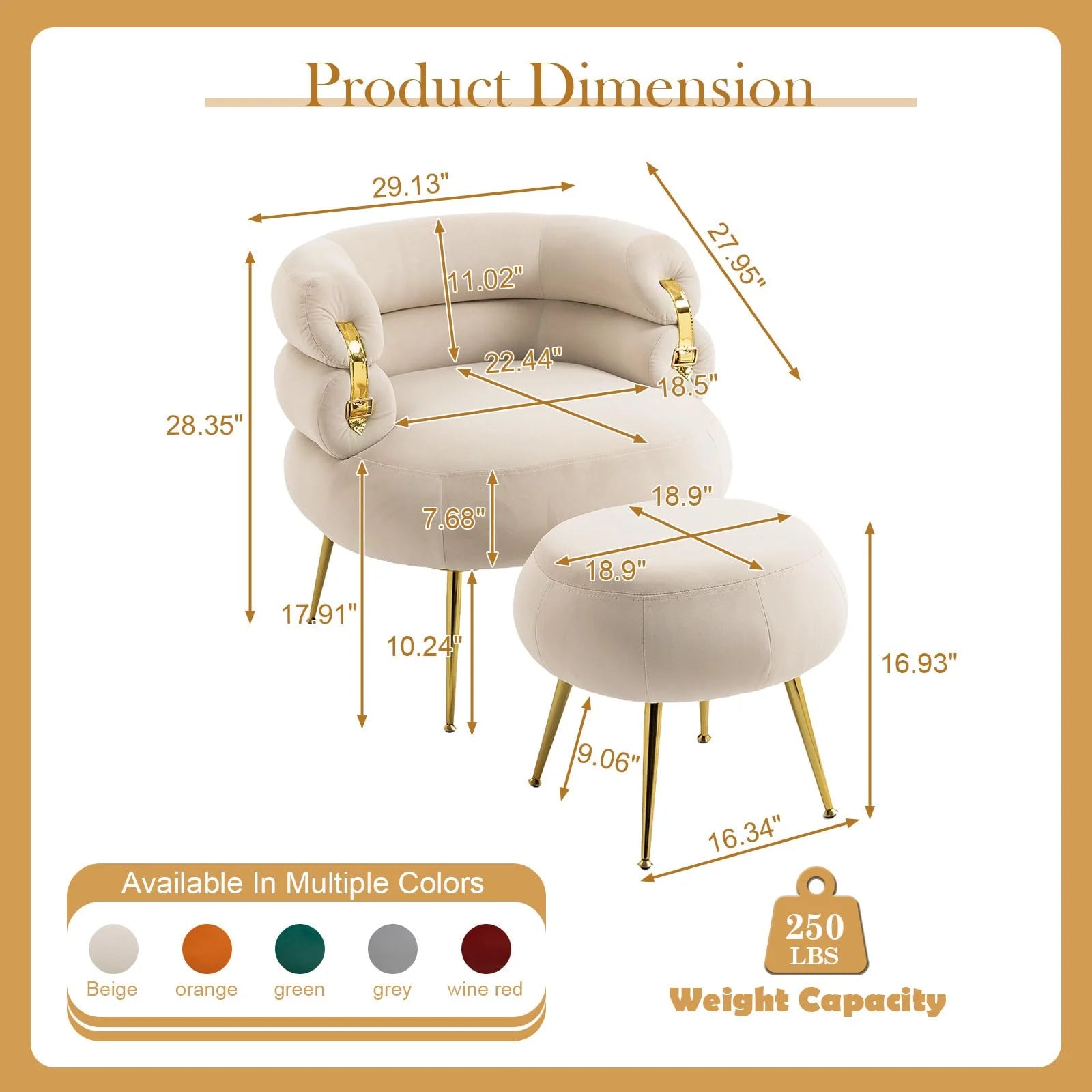Beige Velvet Accent Chair with Ottoman and Gold Metal Legs W145