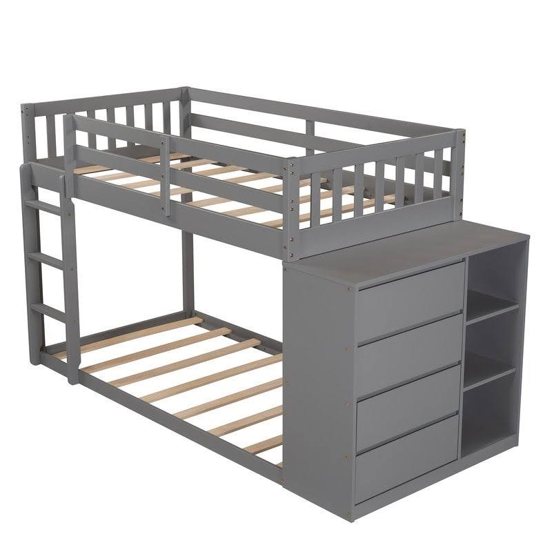 Gray Twin Over Twin Bunk Bed with 4 Drawers & 3 Shelves & Ladder B287155