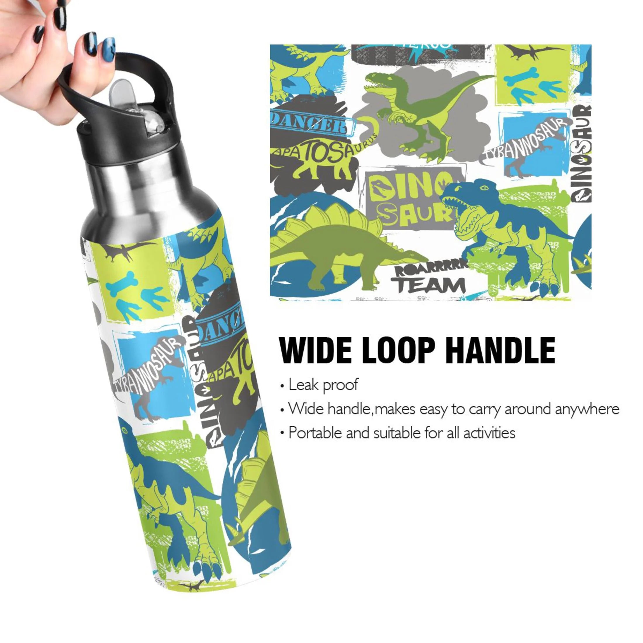 Cool Green Dinosaur Stainless Steel Insulated Water Bottle with Straw Lid E31063