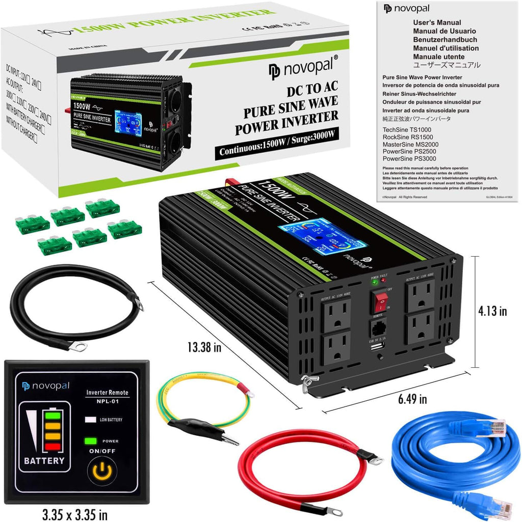 1500 Watt Pure Sine Wave Power Inverter DC 12V to 110V/120V with 4 AC Outlets and USB Port O9020
