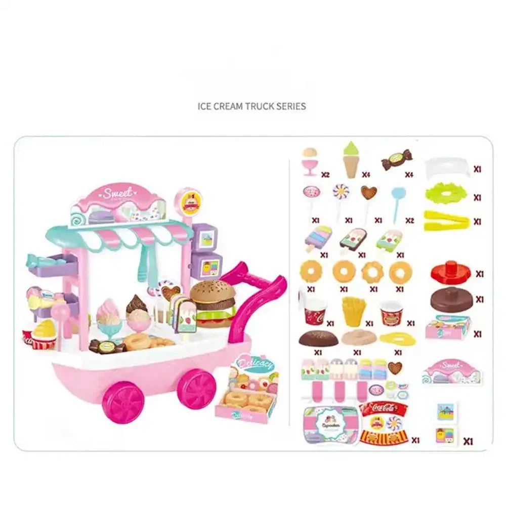 Dessert Candy Trolley Kitchen Toy Set with Umbrella Food Dishes S3063