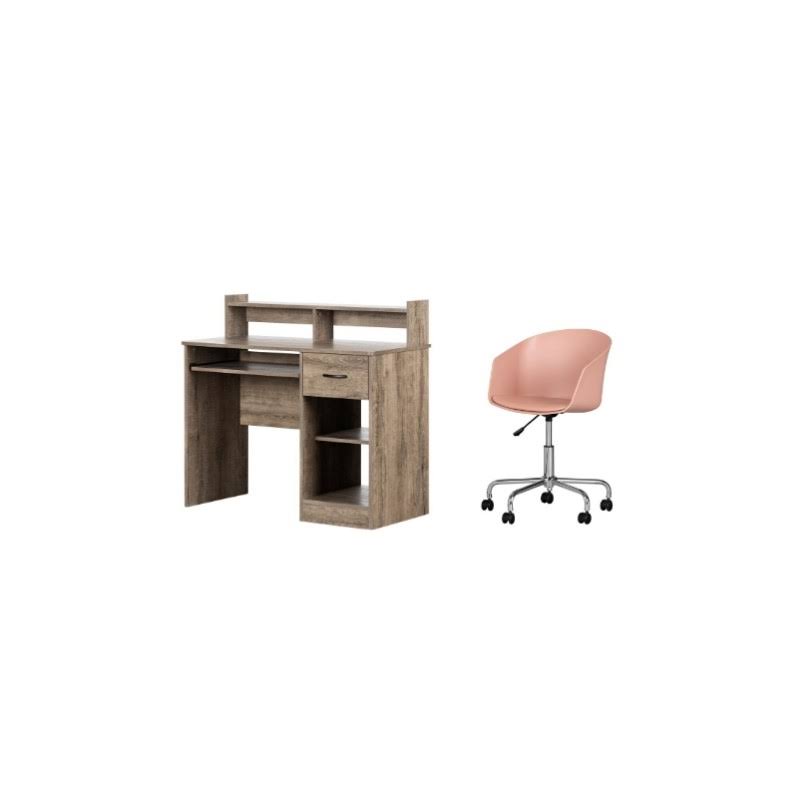 Weathered Oak Desk with Tray & 1 Pink Swivel Chair Set V470