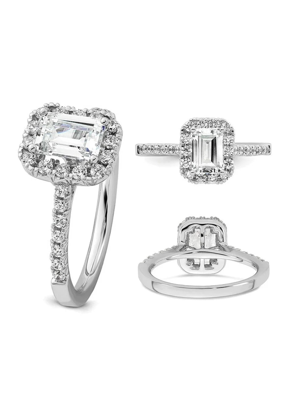 14K White Gold Emerald-Cut Lab-Grown Diamond Halo Engagement Ring D936
