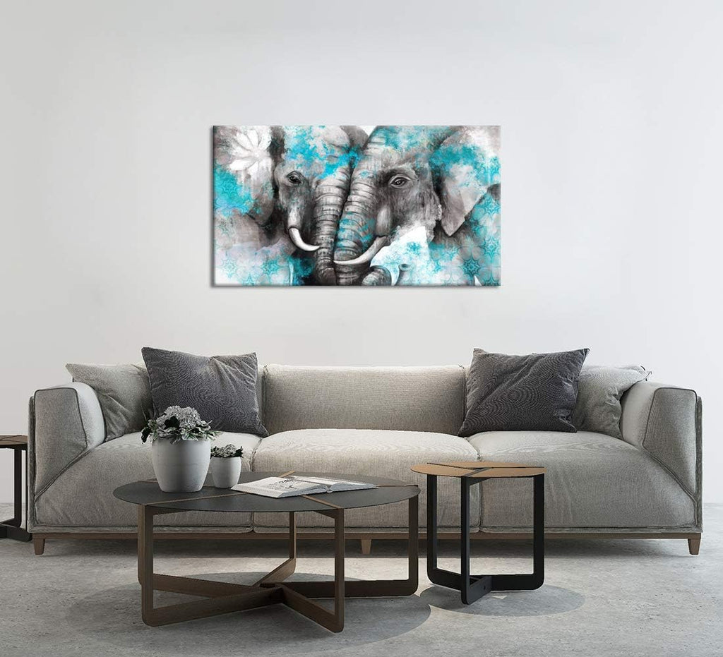 Large Animal Canvas Wall Art Elephant Couple in Love Boho Decor Mandala Elephant Grey and Teal Artwork Stretched and Framed Ready to Hang 20x36inch K1493