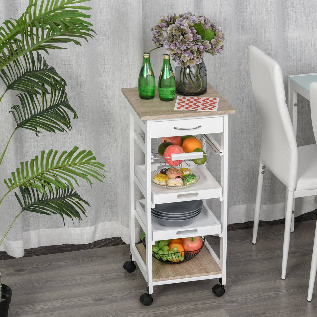 White Mobile Rolling Kitchen Island Trolley Serving Cart with Drawer and Wire Storage Basket O54225