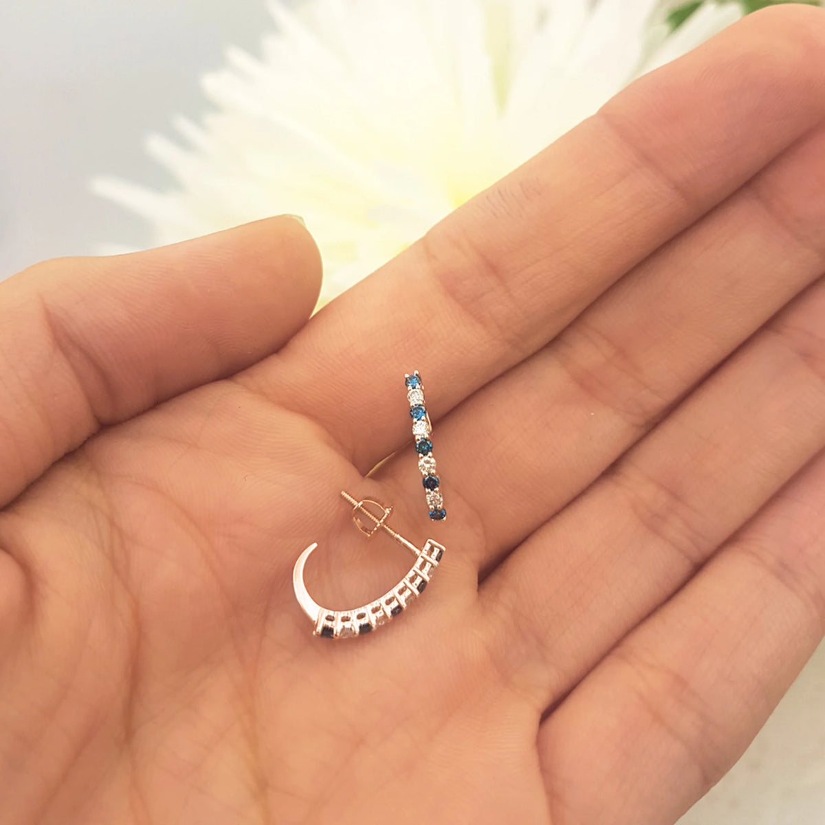 0.50 Carat Round Blue & White Diamond J Shaped Hoop Earrings in 18K Rose Gold G91819