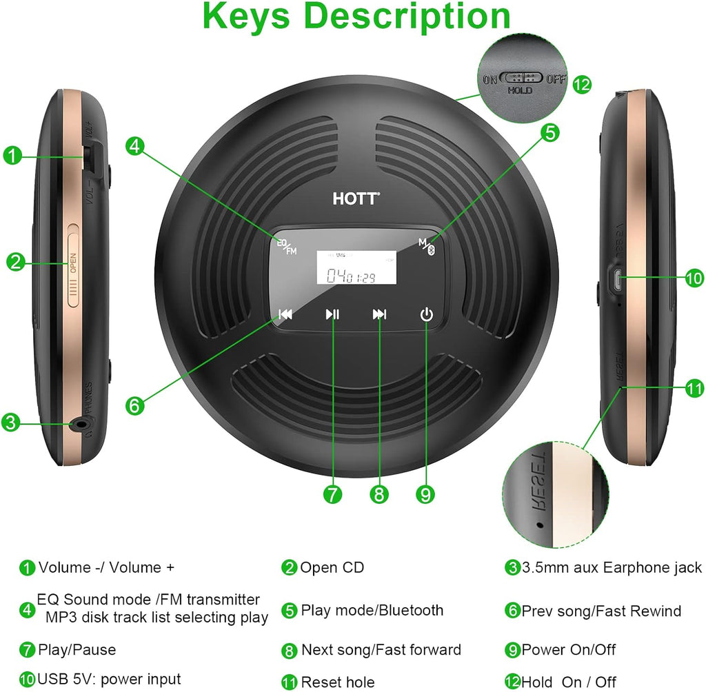Portable CD Player with Bluetooth FM Transmitter AUX Output Rechargeable 1800mah R1280