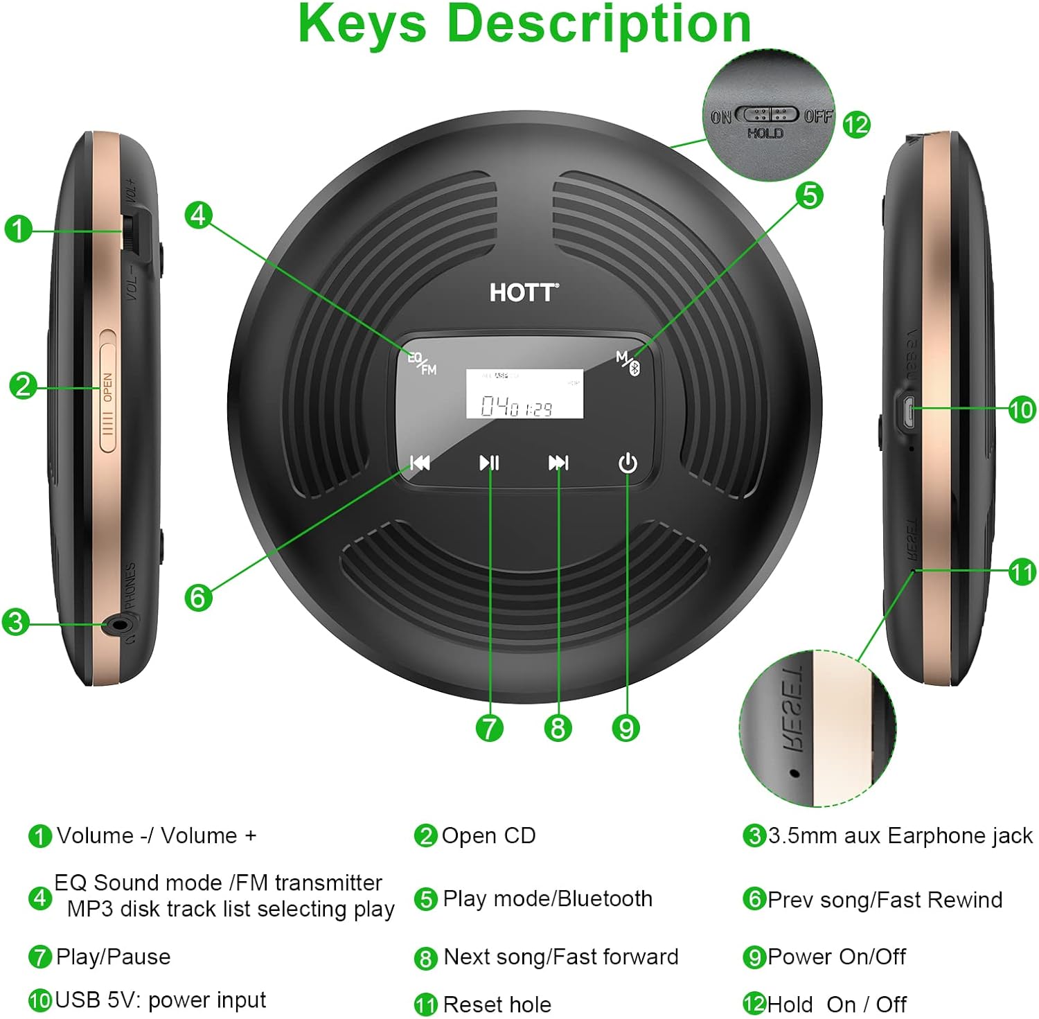 Portable CD Player with Bluetooth FM Transmitter AUX Output Rechargeable 1800mah R1280
