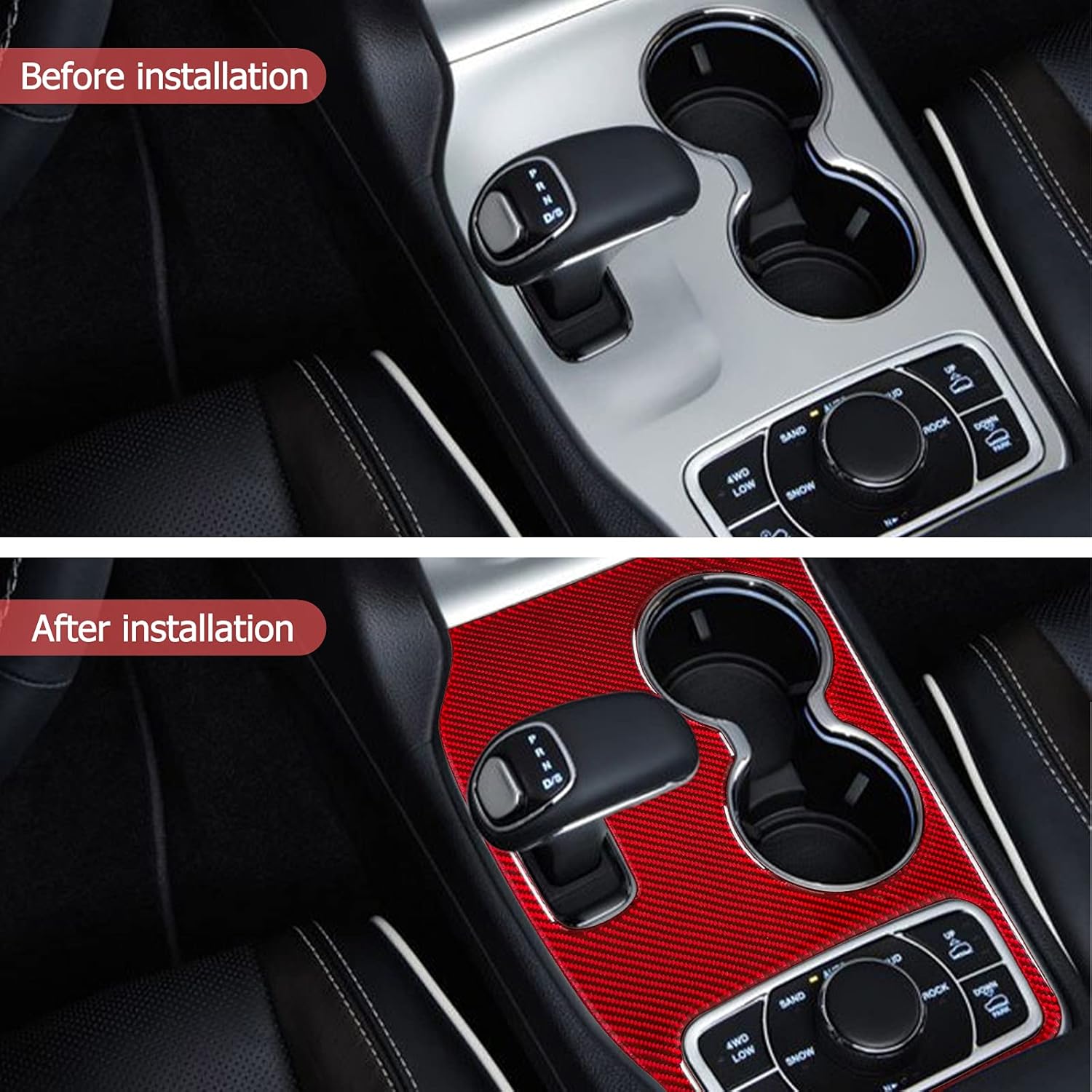 Red Carbon Fiber Gear Shift Box Water Cup Holder Panel Cover Sticker F2641