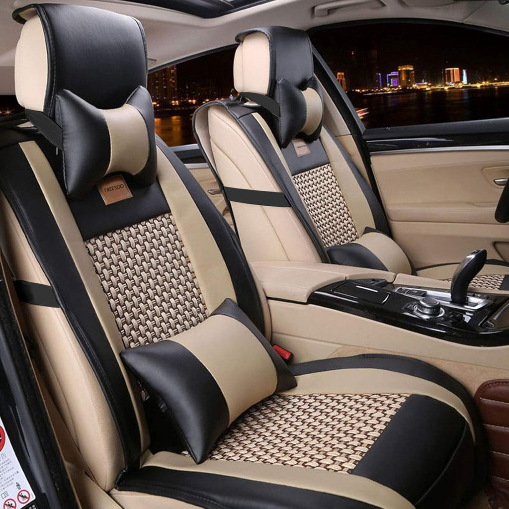 Khaki Orange Leather Car Seat Cover Full Set for 5 Seats L3674