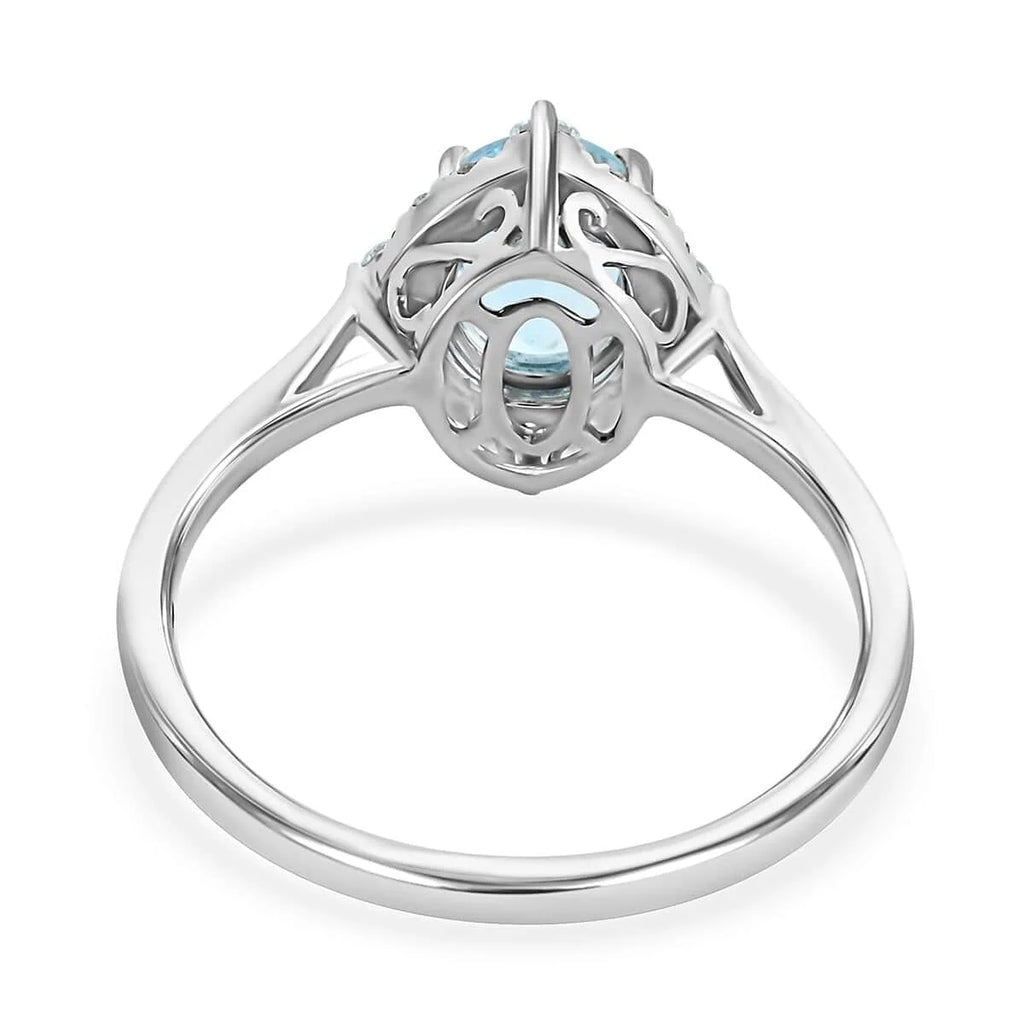 18K White Gold Halo Ring with Blue Aquamarine and White Diamond W519