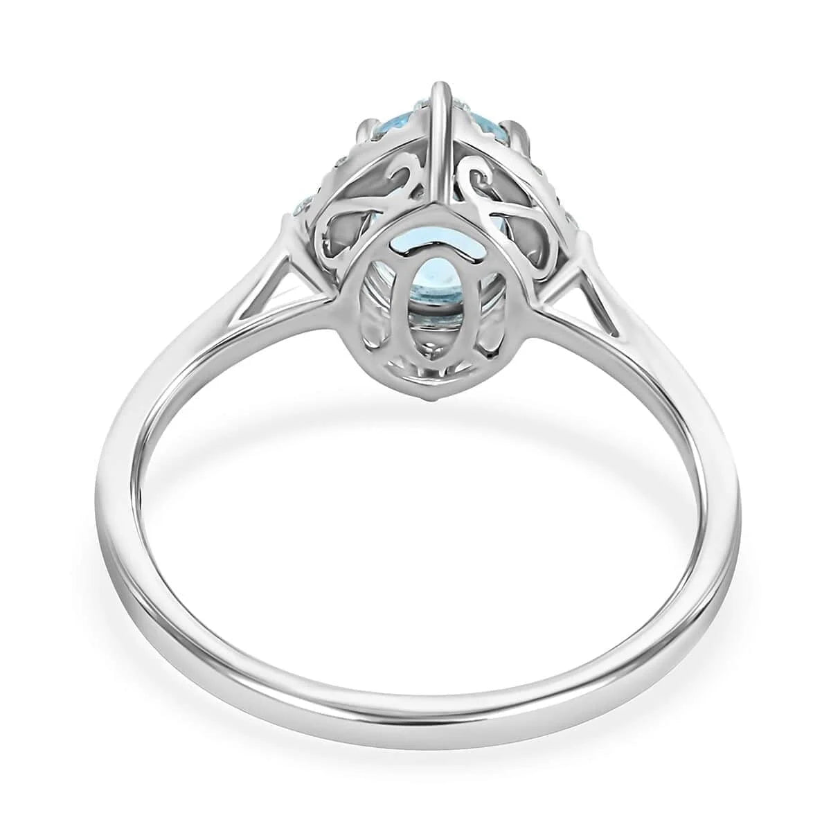 18K White Gold Halo Ring with Blue Aquamarine and White Diamond W519