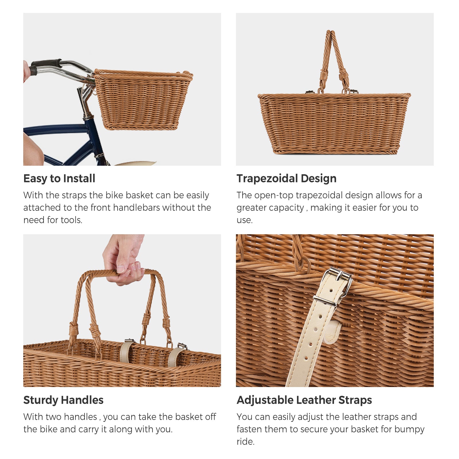 Hand-woven Wicker Handlebar Bike Basket with Leather G4748